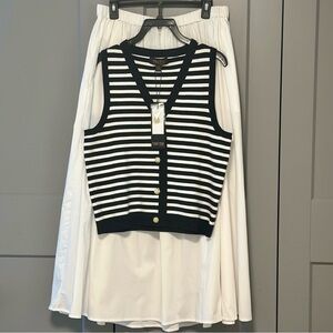 Truth By Republic Maxi Skirt Set Breton Stripe V-neck Sweater Vest Black White L